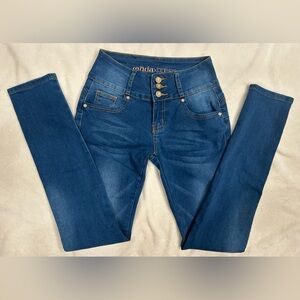 MX Moda Xpress Skinny Stretch Blue Jeans Gold & Jewel Buttons Size 3